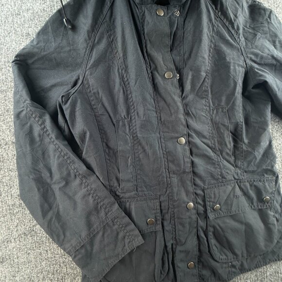Barbour Retail Beadnell Jacket Waxed Women Full Zip Blue Hooded Size US 4 Adult - Picture 2 of 16